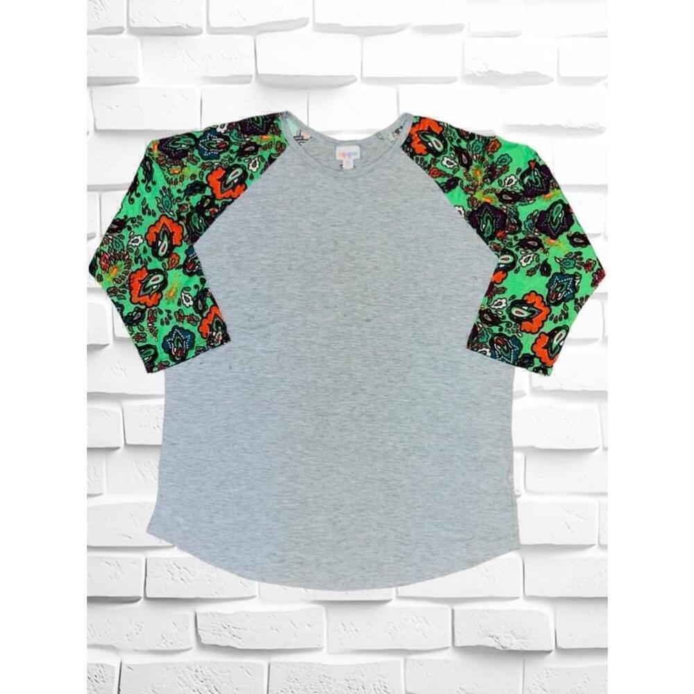 LuLaRoe 2XL Randy Unisex Baseball Tee • Gray With Green Paisley Design Sleeves
